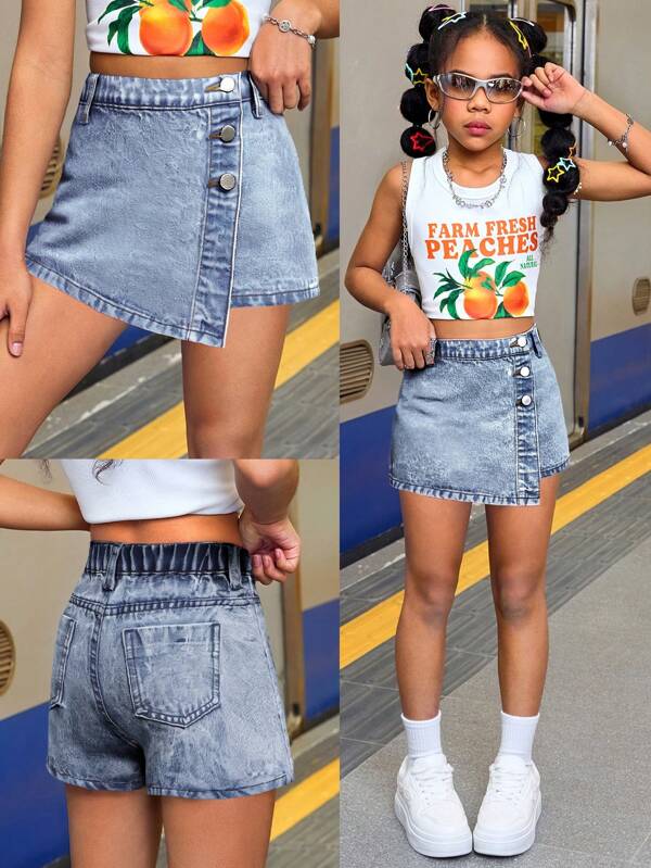 SHEIN Tween-Mädchen Sommer Y2K Lässiger Boho Asymmetrischer Jeansrock und Shorts mit Knöpfen, Sommerkleidung Urlaubsoutfits und tägliche Streetwear-Outfits