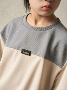 SHEIN 2 件青少年男孩休闲拼色圆领短袖 T 恤和短裤套装，适合通勤、上学、日常、运动、春夏季 - 彩色 - 查看 4