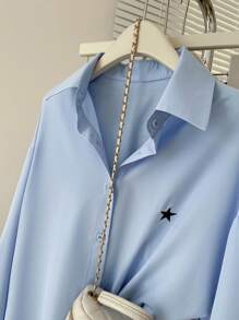 INAWLY 女士星星印花纽扣长袖休闲衬衫 - 淺藍色 - 查看 7