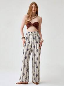 Florisole Quần ống rộng cạp cao in họa tiết hoa phong cách Bohemian, đơn giản, đa năng, thoải mái - Nhiều màu - Xem 7