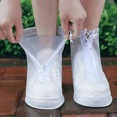 SHEIN 1 Cặp bao giày đi mưa bằng nhựa trong suốt màu trắng chống thấm nước, nhiều kích cỡ, chống trượt, chống thấm nước và chống bụi, bao giày có thể tái sử dụng, phụ kiện ngoài trời, thích hợp cho trường học, văn phòng, gia đình, du lịch, cất giữ giày dép
