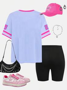 SHEIN 2 件套年轻女孩休闲简约短袖上衣和短裤套装，适合夏季 - 彩色 - 查看 3