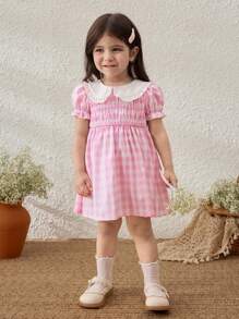 Blossori Baby Girls Countryside Style Pink Plaid Patchwork Collar Puff Sleeve Dress