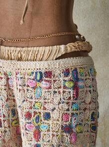 SHEIN ICON 秋冬女士度假休闲彩色镂空针织短裤 - 彩色 - 查看 8