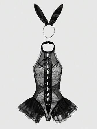 Kawaii Sexy Spitzen- und Mesh-Hasen-Neckholder-Rückenfrei-Bodysuit mit Haarband