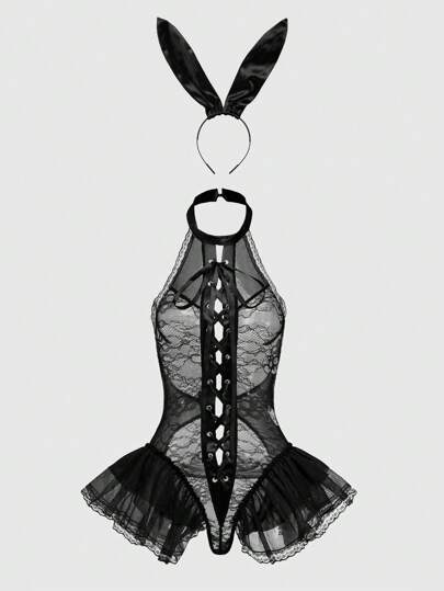 Kawaii Body sensual con encaje y malla, estilo conejita, escote halter, espalda descubierta, incluye diadema