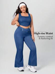 SHEIN Essnce 大码女式松紧腰牛仔喇叭裤，轻盈运动风格 - 中等水洗藍 - 查看 5