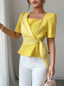 Elenzga Blusa veraniega elegante y exquisita con cintura ajustable de jacquard para mujeres - Amarillo - Ver 3