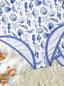 Conjunto de 2 piezas de traje de baño para niña preadolescente con estampado de conchas y caballitos de mar, incluye top halter y pantalón corto de cubrir, para el verano