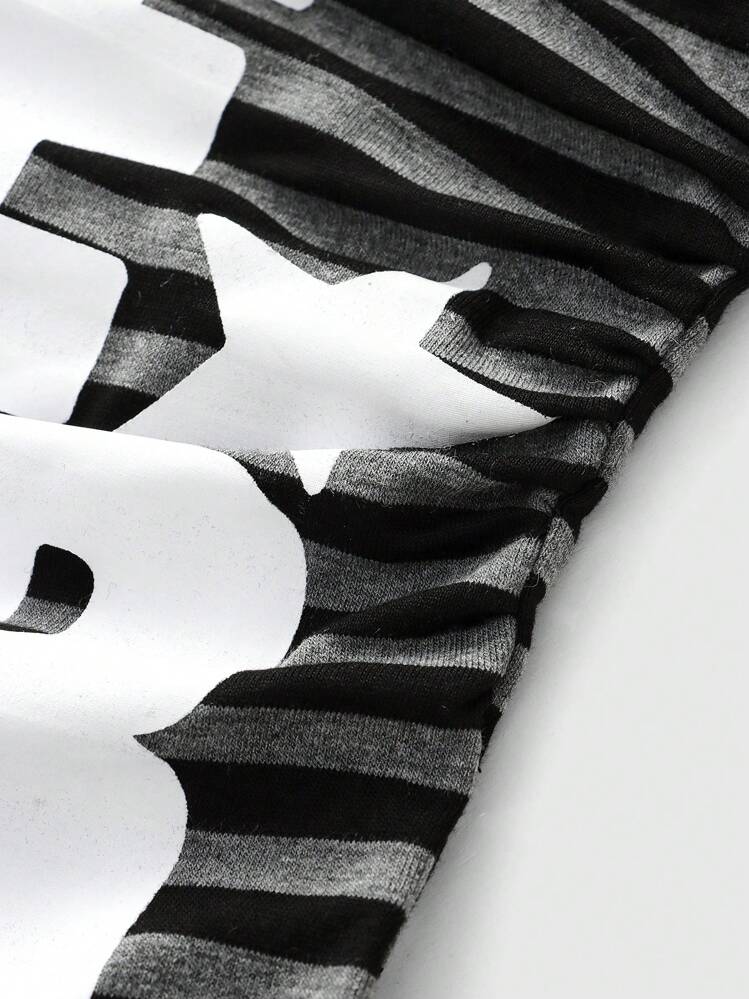 ROMWE J-Fashion 大码女款 Y2K 条纹标语和星星印花褶饰抹胸上衣 - 深灰色 - 查看 4