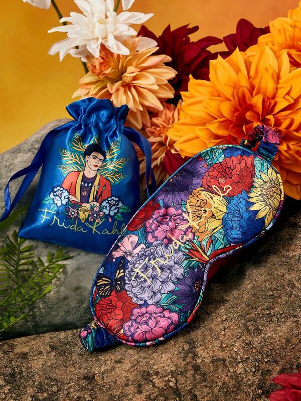 Frida Kahlo X SHEIN 1 pieza Antifaz para los ojos con estampado floral, hecho de tela de satén suave con alta opacidad, diseño lujoso y de moda