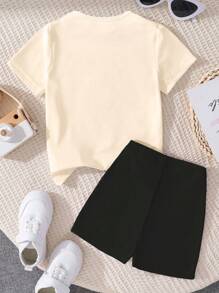 SHEIN 少女休闲卡通印花T恤短裤套装，夏季 - 彩色 - 查看 2