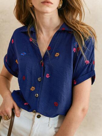 Écloséra 女士翻领折叠短袖刺绣碎花休闲度假衬衫女外出夏季短袖上衣女夏装女度假