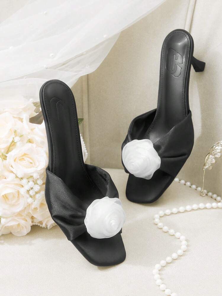CUCCOO HITCHD Women's Summer New 3D Floral Rose Wedge Heel Sandals, Elegant Romantic Black White Color Block High Heel Dress Shoes, Bridal Wedding Party Formal Occasion Vacation Cocktail Party