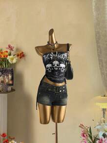 Attitoon Damen Lässig Retro Punk gerafftes Tube Top mit Krawattenfront - Verschiedenfarbig - Übersicht 2