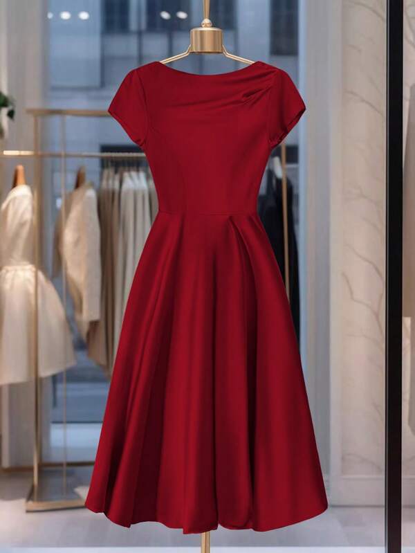 Franclia Rochie elegantă plisată cu mânecă scurtă și guler rotund, culoare solidă, pentru femei, de vară