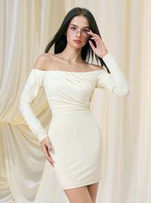 SHEIN MOD Vestido ceñido con hombros descubiertos, mangas abullonadas y fruncido en color albaricoque para mujer - Albaricoque - Ver 3