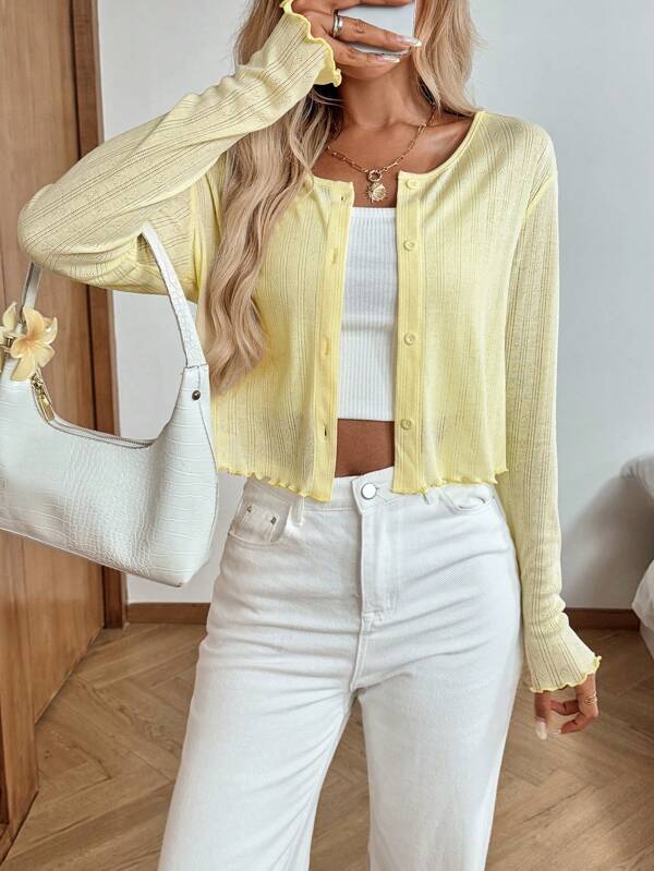SHEIN LUNE Women's Casual Solid Color Button-Front Lightweight Jacket Cropped Cardigan Pastel Yellow Top Light Yellow Cardigan Ribbed Cardigan Fall Women Clothes Teacher Outfits For Women Back To School  Going Out Tops Women Going Out Tops