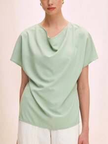 Chiquease Blouse ample décontractée pour femme, en tissu avec plis au dos, lien à la taille, col large et manches chauve-souris - Vert - Voir 8