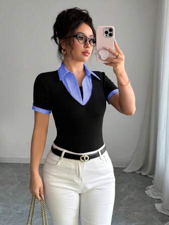 Rafferiza Women's Dignified Vintage Style 2 In 1 Business Casual T-Shirt, Suitable For Office, Back To School Season