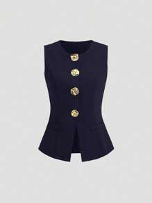 Sweetra 女士春夏时尚金色纽扣无袖长背心和休闲裙两件套西装、职业装 - 藏蓝色 - 查看 3