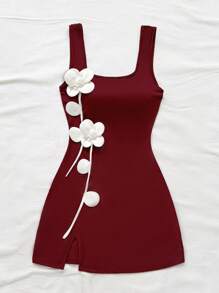 Soleia Vestido mini ajustado de mujer con cintura ceñida y estampado floral para vacaciones, sin mangas, ajuste estilizador, con abertura lateral, adecuado para fiesta, calle, vacaciones, festival de música, crucero, té de la tarde, verano