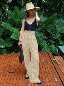 DAZY Pantalones anchos de pierna ancha con estampado de rayas, cintura elástica con cordón y bolsillos laterales, estilo resort, para mujer