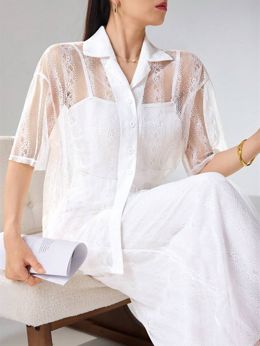 Modelyn 2pcs Casual Vacation Lace Blouse And Mini Skirt Set For Women - White - View 1