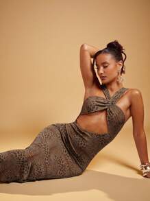 Hauture 女式性感度假前交叉挂脖侧镂空豹纹针织长裙 - 咖啡 - 查看 3