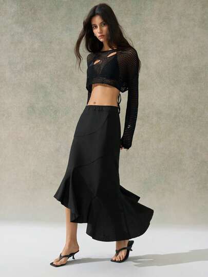 LYSMO 2025 New Arrival Spring-Summer Women's High-End Fashion Black Linen-Textured Midi Skirt Featuring A Ruffled Hem With Asymmetric Design. Perfect For Elegant, Fashion-Forward Styling, And Chic Everyday Office Wear
