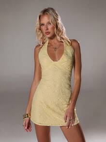 TRNVIE 浅黄色深V领挂脖A字连衣裙，春夏 - 黃色 - 查看 8