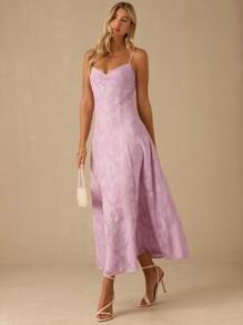 Enchnt 女士夏季提花褶饰优雅吊带连衣裙 - 粉色 - 查看 3