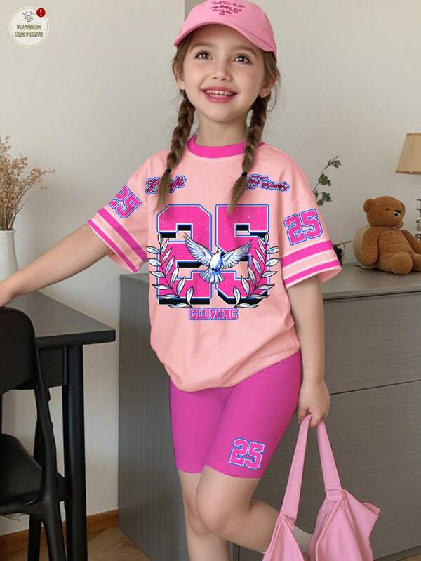 2pcs Girls Casual Short Sleeve Top And Shorts Set, Suitable For Summer