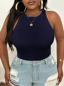 SHEIN PETITE CURVE Große Größen Lässiges, eng anliegendes weißes Trägershirt mit Rundhalsausschnitt und Off-Shoulder - marineblau - Übersicht 7