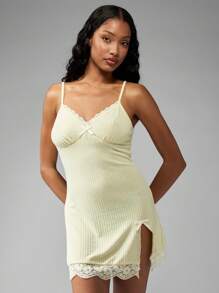 MISSGUIDED Ribbed Knit Night Dress Sleeveless Lace Trim Loungewear Nightgown Slip Dress Sleepwear With Side Slit Evening Comfort Wear - Yellow - View 5