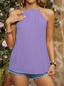 Chiquease Women's Solid Color Pleated Casual Halter Shirt, Purple Top - Purple - View 3