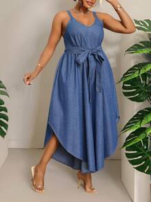 Slaydiva 加大码牛仔连体裤，性感修身背带裤，蓝色女式连衣裙优雅长袍女式连衣裙生日连体裤 - 深色水洗藍 - 查看 4