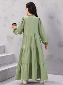 SHEIN Tween Girl Lotus Leaf Collar Texture A-Line Long Dress With Long Sleeves