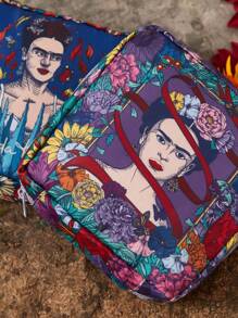 Frida Kahlo X SHEIN 1 pieza Bolsa de almacenamiento con diseño gráfico floral y de figura de artista, que se puede usar como bolsa de almacenamiento de higiene femenina, bolsa de almacenamiento digital, bolsa de almacenamiento de artículos pequeños, artística y elegante