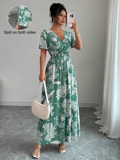 Elenzga Women's Elegant Beach Vacation Midi Dress, Shirred Neckline And Waist, Flared Sleeves, Side Slits, Suitable For Commuting, Afternoon Tea, Party, Spring/Summer