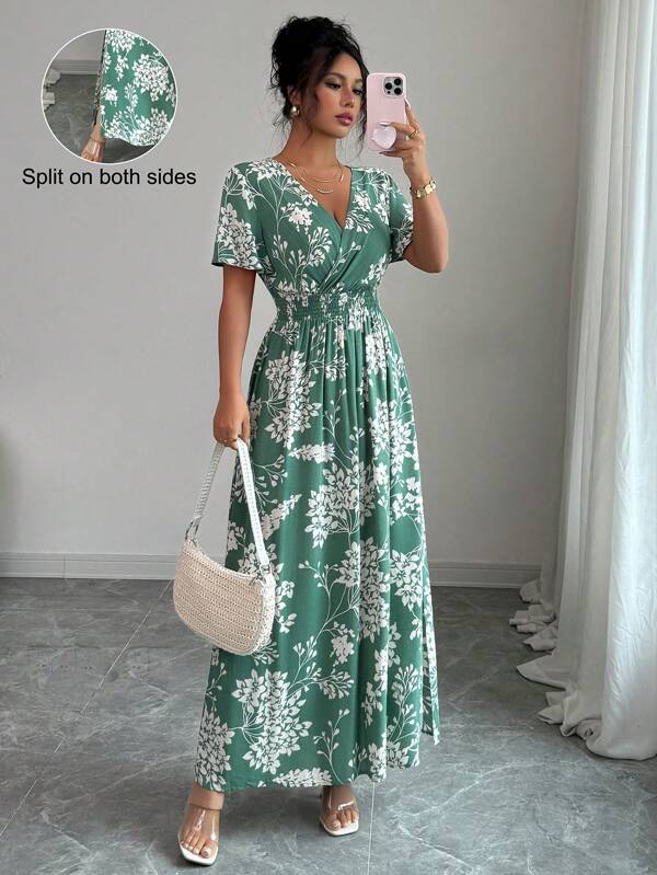 Elenzga Robe midi élégante pour vacances à la plage pour femmes, décolleté et taille froncés, manches évasées, fentes latérales, convient pour le travail, le thé de l'après-midi, les fêtes, le printemps/été