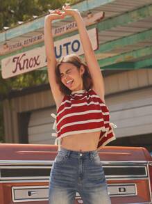 WESTFADE Round Neck Bow Tie Sides Striped Sweater Knit Crop Top Cute Boho Top, Fall Back To School Clothes, Western Wear For Women, Autumn, Winter, Casual - Red and White - View 2