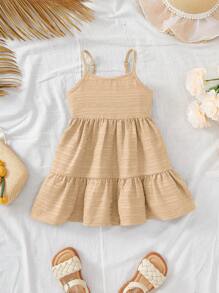 SHEIN Vestido sin mangas holgado de textura color caqui para bebé niña en vacaciones de verano - Caqui - Ver 4