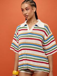 SUMWON WOMEN 夏季节日钩针 Polo 衫海滩度假彩虹条纹针织套头衫休闲池畔波西米亚风复古条纹上衣 - 彩色 - 查看 6