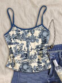 SHEIN Tween Girls French Blue Angel Statue Floral Watercolor Blue Seashell Positioning Graphic Color Block Camisole Vintage Retro Style Casual Vacation Cute Y2K Coconut Girl Boho Vacation Springbreak Brunch-Ready Babyblue Girls Trip Neon Beach Vibes Bohemian Hippie Music Festival Suitable For Summer Tween Girl Slim Fit Casual Athleisure Cami 3 Pieces Set