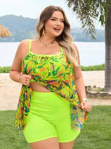SHEIN CURVE+ Women's Plus Size Floral Mesh Two Pieces Swimsuit With Tank Top Bikini, For Summer Vacation