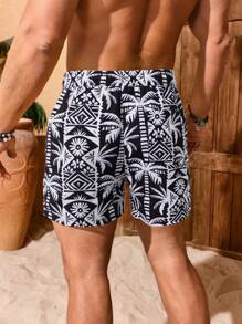 Manfinity Swimmode 男士休闲椰子树印花沙滩短裤 - 黑與白 - 查看 2