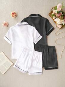SHEIN 4 件套女童休闲白色和杏色纯布 V 领开衫、短袖上衣和短裤家居服套装 - 彩色 - 查看 2