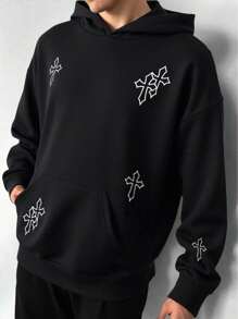 SHEIN Bolty Teen Boys' Graphic Print Black Sweatshirt,Winter Streetwear Collegiate Casual Contrast Color Minimalist Soft Fabric Hoodie For School,Travel - Black - View 2