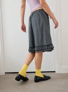 COUREZ 格纹荷叶边百慕大短裤/女士夏季穿搭/夏季休闲外出装/Y2K度假风100%纯棉 - 寶藍色 - 查看 3